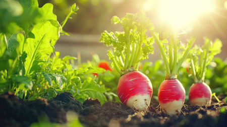 A close-up view of fresh radishes growing in a sunlit vegetable garden, surrounded by lush green leaves and healthy soil, showcasing nature's beauty and bounty.の素材