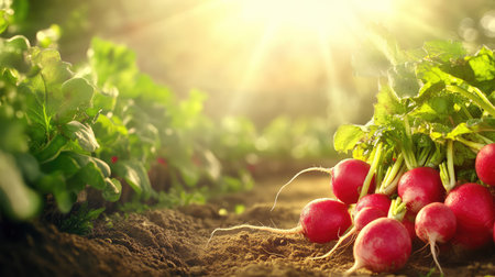 This image showcases freshly harvested radishes set against a backdrop of rich soil and warm sunlight, capturing the essence of organic farming and healthy living.の素材