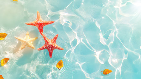 Experience the serene beauty of colorful starfish gently floating in clear aqua water, surrounded by delicate autumn leaves. This tranquil scene captures the essence of nature and relaxation, perfect for evoking summer vibes and coastal themes. Enjoy the luminous reflections and inviting ambiance.の素材