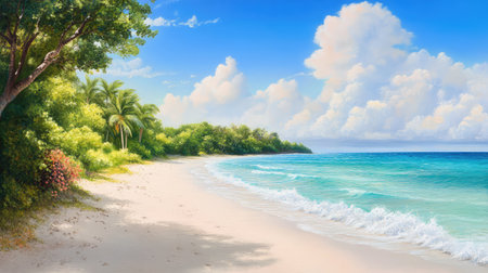 Experience the tranquility of a pristine tropical beach with golden sand, turquoise waves, and a backdrop of lush greenery under a bright blue sky.の素材