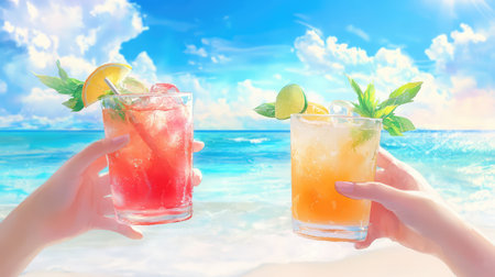 Two hands hold colorful cocktails adorned with citrus and mint, set against a stunning tropical beach view, evoking feelings of summer and relaxation.の素材