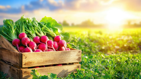 A vibrant scene depicting fresh radishes arranged in a wooden crate, basking in warm sunlight on a lush agricultural field at sunset.の素材