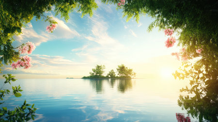 A serene lakeside view features gentle water reflections, lush greenery, and soft blossoms under a vibrant morning sky, perfect for nature enthusiasts.の素材