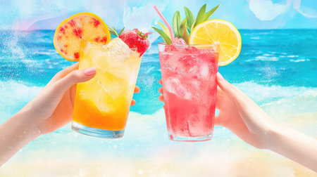 Two vibrant cocktails are held in hands, one yellow and one pink, against a beautiful beach backdrop, embodying summer fun and refreshment.の素材