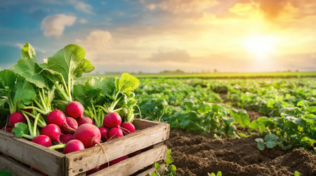 A vibrant scene showcasing fresh radishes in a wooden crate, set against a thriving farm landscape illuminated by a beautiful golden sunset.の素材