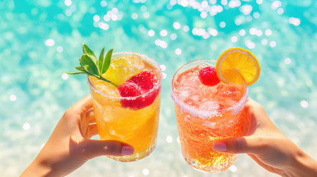 Indulge in vibrant summer cocktails held by hands against a sparkling beach backdrop. Perfect for capturing the essence of relaxation and enjoyment.の素材