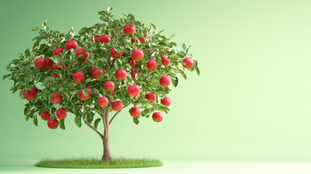 A beautiful apple tree laden with bright red apples stands against a soft green background, showcasing nature's bounty and vibrant colors. Perfect for seasonal and agricultural themes.の素材