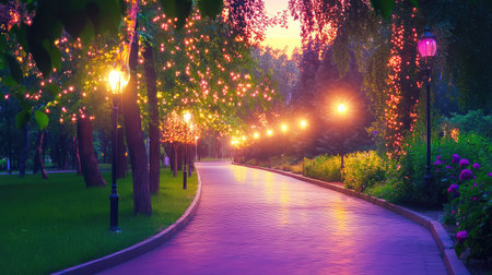 A picturesque park pathway illuminated by glowing streetlights and adorned with twinkling lights on trees. This serene scene invites evening strolls through vibrant nature.の素材