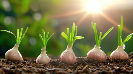Five fresh garlic sprouts are emerging from rich soil under a gentle sunbeam, symbolizing growth and vitality in a natural garden setting.の素材