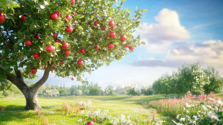 This serene landscape features a lush apple orchard with ripe red apples hanging from trees. The bright blue sky and fluffy clouds create a tranquil setting, perfect for nature lovers.の素材