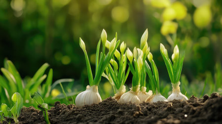 This image captures fresh green onion sprouts emerging from nutrient-rich soil, illuminated by soft sunlight. The lush garden background adds a tranquil atmosphere perfect for showcasing organic gardening and healthy living themes.の素材