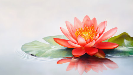A stunning pink lotus flower gracefully blooms on the tranquil water surface, surrounded by lush green leaves, creating a serene and peaceful atmosphere.の素材