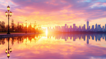A breathtaking sunrise casts vibrant colors across an urban skyline, creating stunning reflections in calm water. Street lamps line the path, enhancing the serenity.の素材