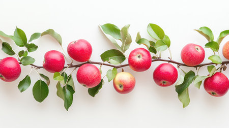A beautiful arrangement of fresh red apples on a branch, surrounded by green leaves, presenting a vibrant display of nature's bounty and offering a fresh and healthy food aesthetic for various creative projects.の素材