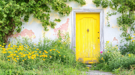 This captivating image features a charming yellow door juxtaposed with vibrant flowers and lush greenery, creating a serene outdoor scene.の素材