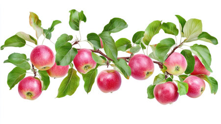 A beautiful display of fresh red apples on a branch, surrounded by vibrant green leaves. Ideal for food, nature, and health-related themes.の素材