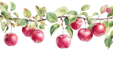 A beautiful watercolor illustration showcasing a branch of fresh red apples with lush green leaves, perfect for nature and food-themed projects.の素材