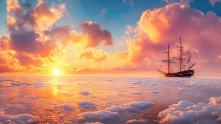 A majestic sailing ship glides across tranquil waters at sunset, surrounded by vibrant clouds. This serene maritime scene captures adventure and beauty in nature.の素材