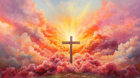 A stunning landscape featuring a vibrant sunset sky filled with colorful clouds and a prominent cross, symbolizing faith and hope in nature's beauty.の素材