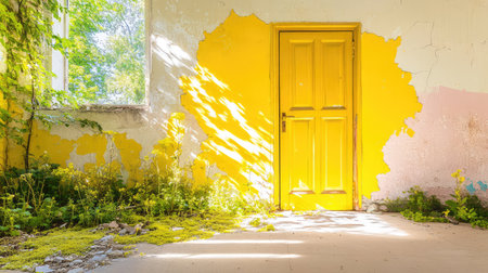 A bright yellow door stands out against a crumbling wall in an abandoned room, intertwined with vibrant greenery and bathed in soft sunlight, creating a serene atmosphere.の素材