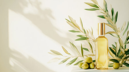 A beautifully arranged olive oil bottle amidst lush green olives and delicate olive leaves. Soft shadows enhance the serene ambiance, perfect for culinary or wellness themes.の素材