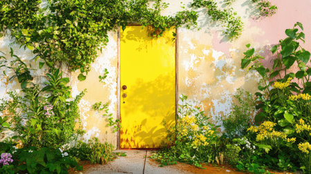 A vibrant yellow door stands as a charming focal point, surrounded by lush greenery and colorful flowers, creating a serene outdoor ambiance.の素材
