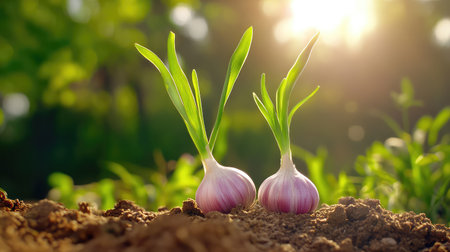 Two freshly sprouted garlic bulbs are nestled in rich, soft soil, their green leaves reaching for sunlight in a vibrant garden setting, symbolizing growth and health.の素材
