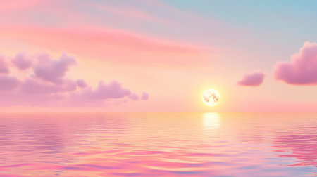 Experience the tranquil beauty of a serene sunrise over calm ocean waters, featuring soft pink and orange tones reflecting peacefully on the surface.の素材