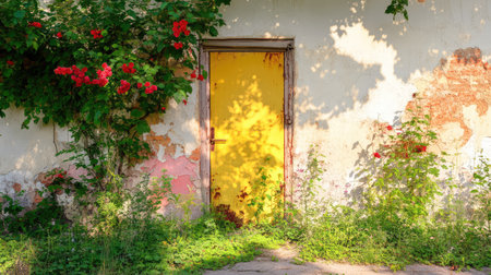 A striking yellow door serves as an inviting entrance surrounded by lush greenery and vibrant red flowers, set against a weathered wall.の素材