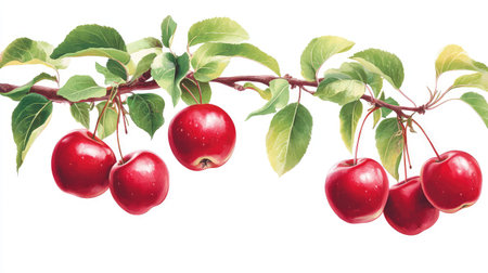 This stunning image showcases a branch of fresh red apples with green leaves against a white background. The vibrant colors highlight nature's bounty and the appeal of healthy eating. Perfect for promoting organic fruit, nutrition, and wholesome culinary delights.の素材
