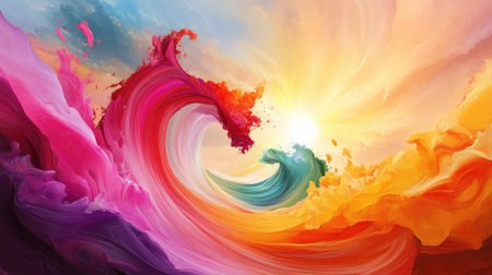This stunning abstract image features vibrant waves in a spectrum of colors, radiating energy and beauty, evoking feelings of inspiration and creativity.の素材