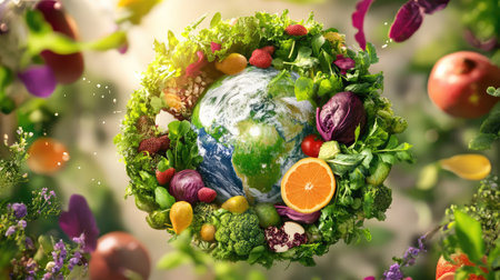 This vibrant image features Earth beautifully surrounded by an array of fresh vegetables and fruits, symbolizing natureの素材