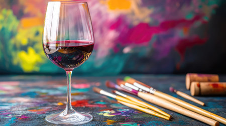 This vibrant image features a glass of red wine next to paintbrushes on a colorful background, creating a warm and artistic atmosphere perfect for inspiring creativity and relaxation.の素材