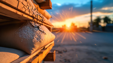 A stunning close-up photograph capturing cracked bags of material stacked neatly on wooden pallets, illuminated by a warm sunset. The blurred background features sparkling light effects, creating a serene and tranquil ambiance.の素材