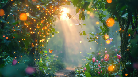 A stunning view of an enchanting forest pathway illuminated by sunlight, featuring vibrant flowers and a soft bokeh effect, perfect for nature lovers.の素材