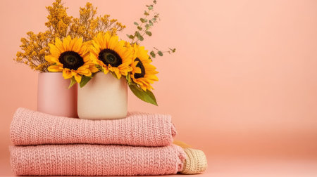 A charming display featuring vibrant sunflowers in pastel vases atop soft knitted textiles. This arrangement adds a warm and inviting touch to any space.の素材