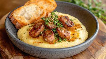 A mouthwatering dish featuring savory sausages atop creamy polenta, accompanied by toasted bread and garnished with fresh herbs, showcasing rustic cuisine.の素材
