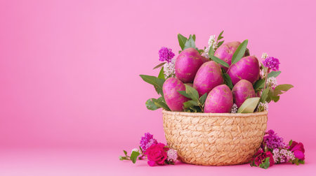 A stunning arrangement of fresh sweet potatoes displayed in a natural woven basket, surrounded by vibrant flowers, all set against a cheerful pink background.の素材