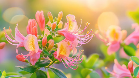 A stunning close-up of delicate pink flowers in bloom, nestled among green leaves, capturing the serene essence of nature. The soft evening light enhances the beauty and grace of this garden scene, evoking feelings of tranquility and freshness.の素材