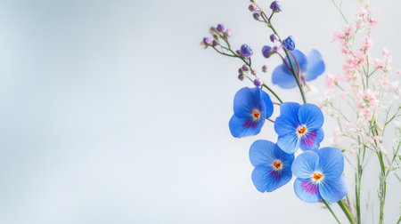 A stunning arrangement of delicate blue orchids paired with soft pink and purple accents, creating a serene and harmonious floral display. Ideal for nature enthusiasts.の素材