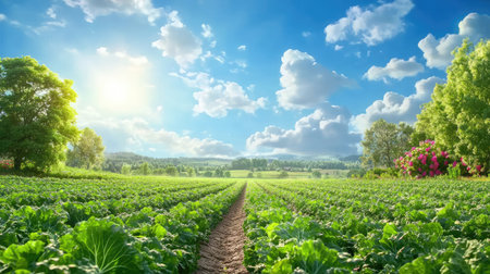 A breathtaking view of a verdant vegetable field bathed in golden sunlight, featuring fluffy clouds and a picturesque landscape. Perfect for conveying freshness.の素材
