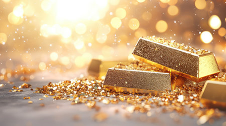 A visually stunning close-up of sparkling gold bars with shimmering gold dust, creating an ambiance of luxury and wealth amidst a dreamy background of soft focus light.の素材