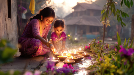A tender moment captured of a mother and daughter lighting diyas together, symbolizing love and tradition during a festive celebration.の素材