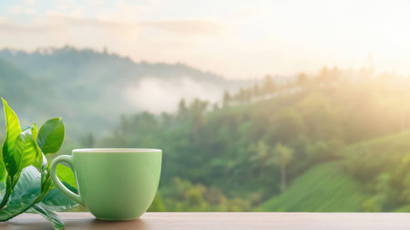 A vibrant green cup rests on a wooden table, offering a warm embrace to the tranquil morning scene with lush hills and soft mist in the distance.の素材