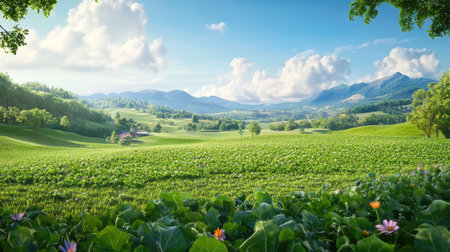 A breathtaking landscape featuring expansive green fields and majestic mountains, bathed in natural light, ideal for nature enthusiasts and travel photographers.の素材