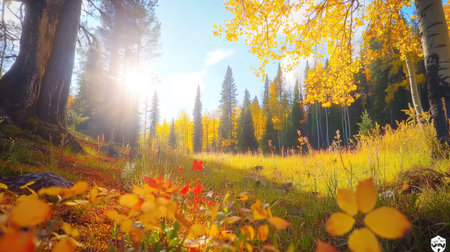 This captivating autumn scene features a forest clearing filled with vibrant foliage, bathed in warm sunlight. Golden and red leaves create a colorful display, inviting nature lovers to explore the serene environment.の素材