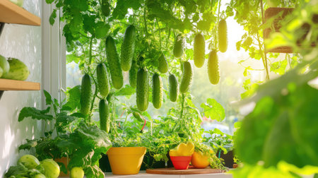 A vibrant indoor garden scene showcasing fresh cucumbers hanging from lush green vines. The sunlight filters through the leaves, highlighting a colorful bowl filled with lemons.の素材