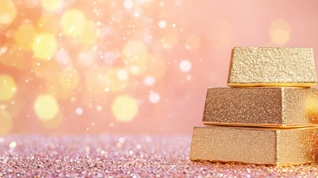 Stunning photograph of three gold bars resting on a shimmering surface, creating a luxurious feel with a soft bokeh background that signifies wealth and prosperity.の素材