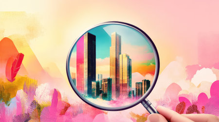 A creative depiction of a hand holding a magnifying glass over a colorful cityscape, featuring vibrant colors and an abstract background that captures a sense of exploration and imagination.の素材