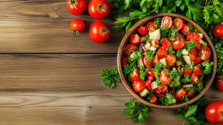 A vibrant and fresh vegetable salad featuring cherry tomatoes and green herbs in a rustic wooden bowl. Perfect for healthy meals and nutrition.の素材